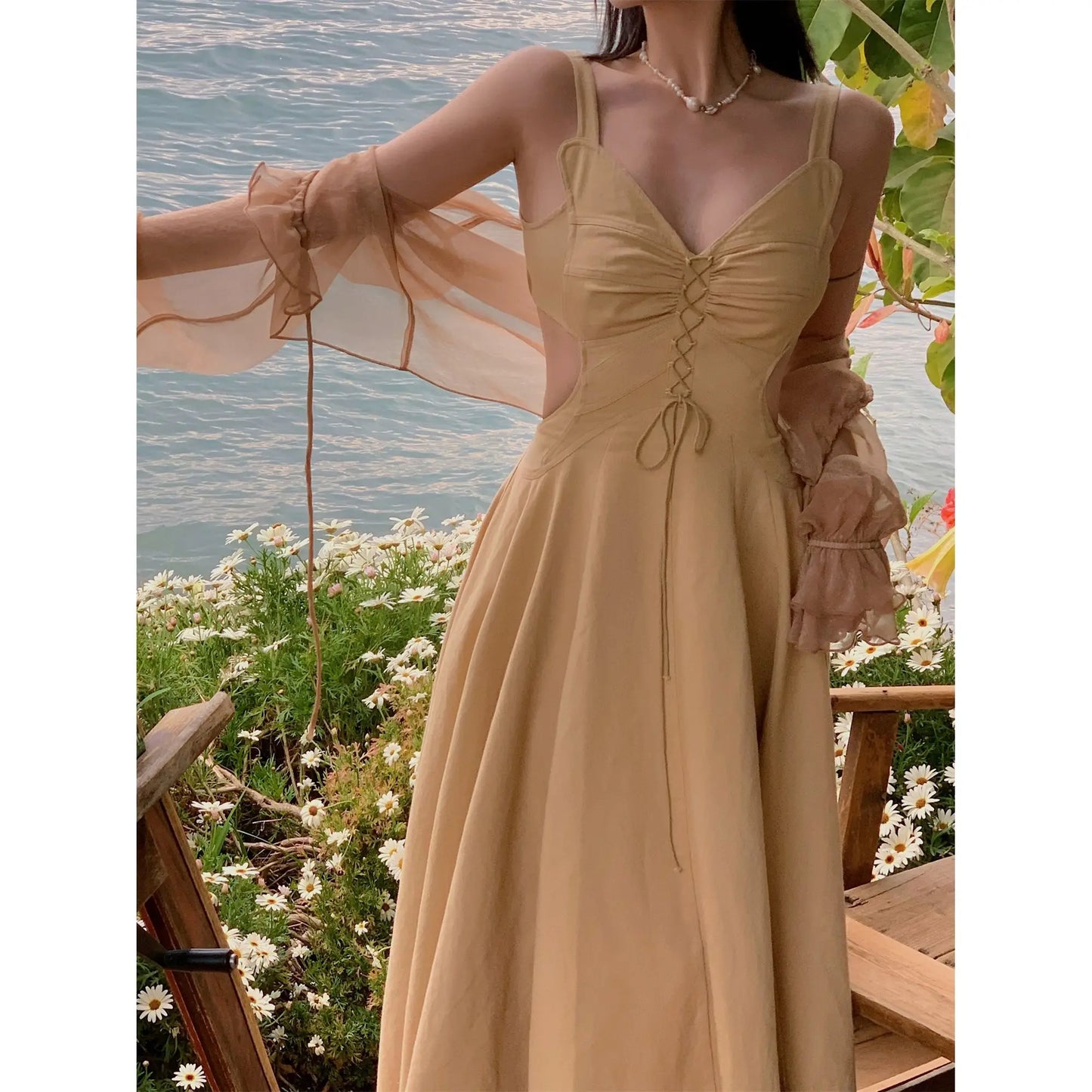 vzyzv  -  Women A-line Evening Dress Y2k Vintage Sleeveless One Piece Frocks Elegant Hollow Out Lace-up Luxury Long Dresses 2000s Clothes