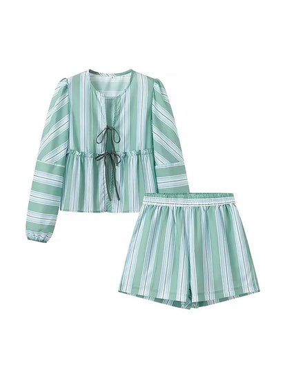 vzyzv -  Summer Holiday Style Casual Striped Print Loose Tops With Shorts Suit Women Two Pieces Suit Beach Style Green Blouse With Pants