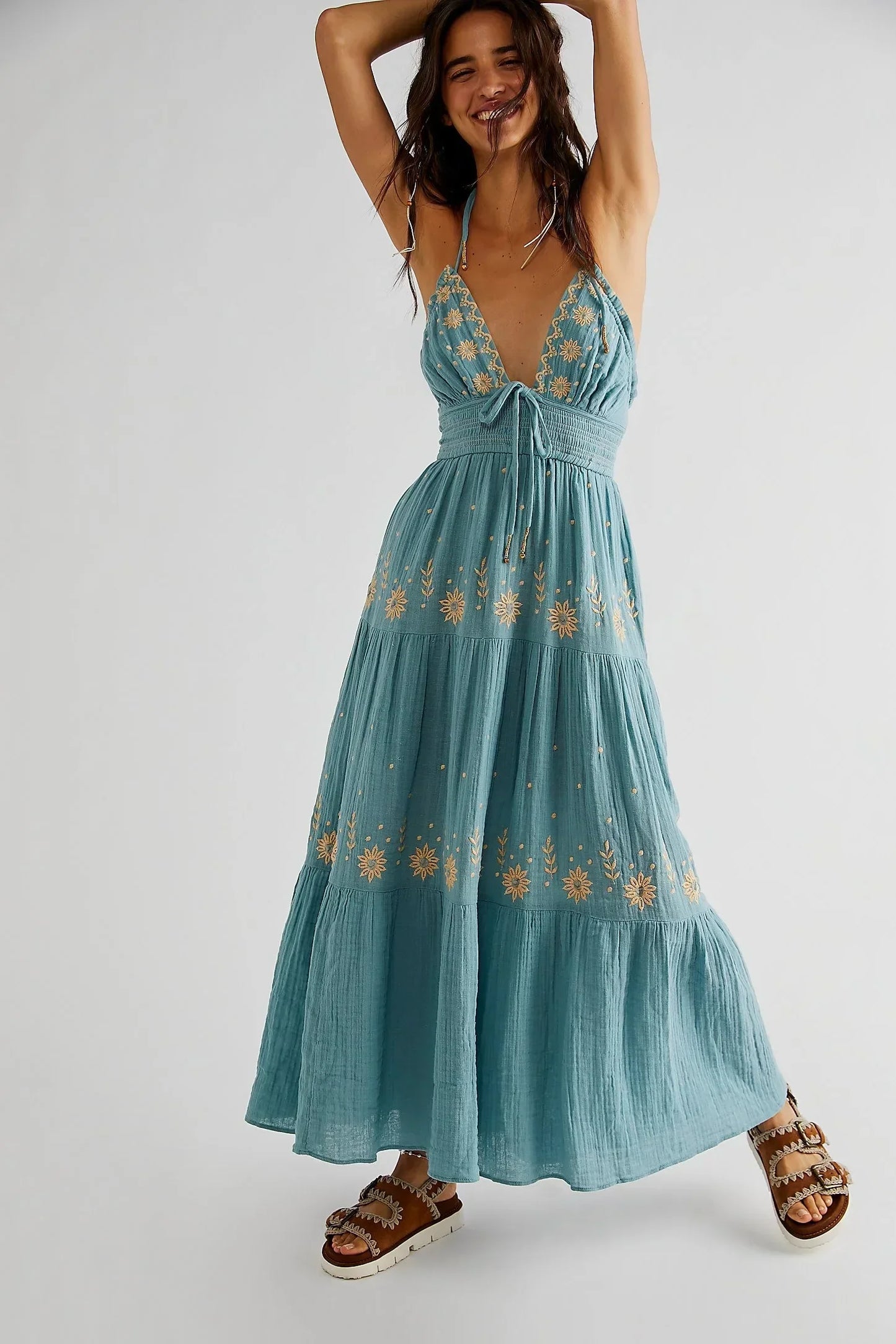 nvxiot  -  Bohemian Style A-line Spaghetti Maxi Dress V-neck Sleeveless Embroidery Summer Dress Backless Holiday Vestidos Chic Robes