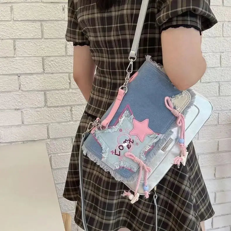 vzyzv  -  Star Patchwork Silver Backpack Korean Y2k Denim Sweet Girl Itabag Preppy Student Messenger Bag Trendy Hottie Shoulder Bag