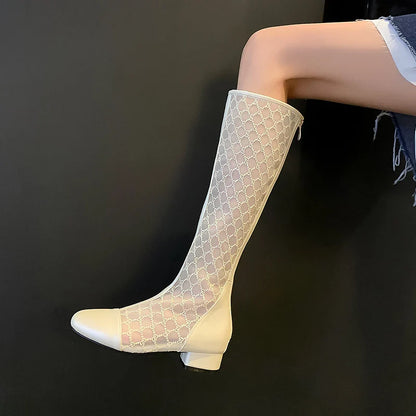 TAVIMART  -  Knee High Mesh Hollow Out Lace Women Boots Round Toe Low Heels Solid Color New Fashion Elegant Concise Sweet Sexy Female Shoes