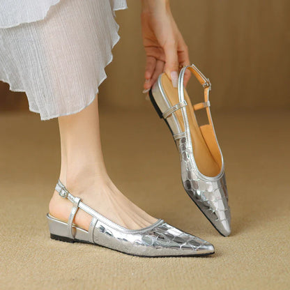 vzyzv -  Summer Sandals Retro Ladies Closed  Toe Slingbacks Shoes Spring Vintage Pointed Toe Shoes Wedge Heel Women Silver Sandals