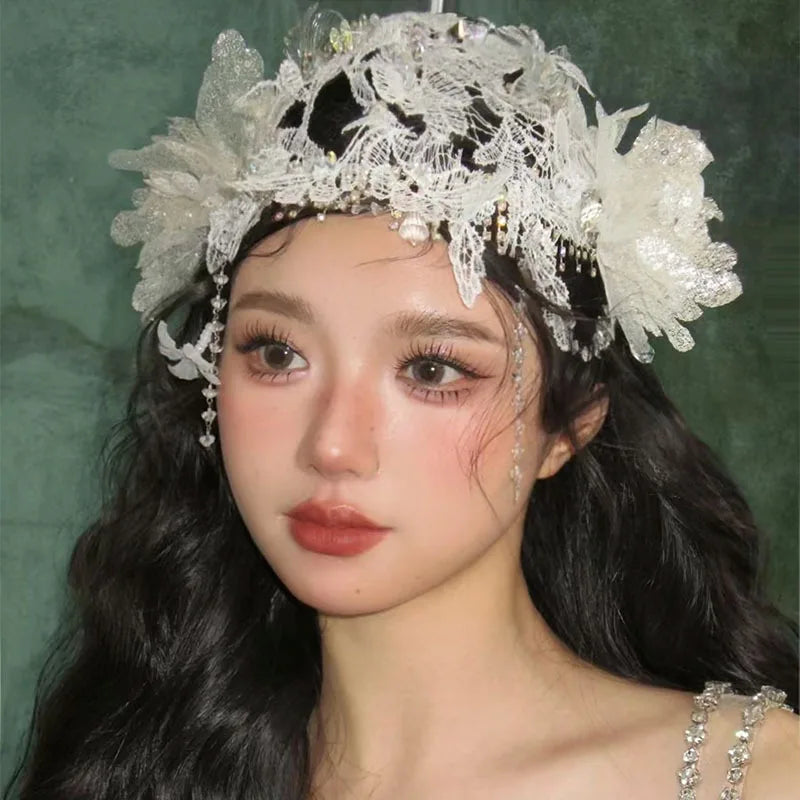 vzyzv  -  New Retro Super Fairy Sweet Bridal Lace Crystal Tassel Head Hat Wedding Dress Photo Wedding Dress Headgear Accessories