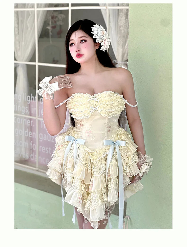 vzyzv -  Fairy Spring and Summer Lace Romantic Atmosphere Slimming Dress Pink Apricot Ruffled Tube Top Mini Princess Dresses for Party