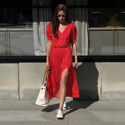 vzyzv  -  Summer Elegant Dot Long Dress Women V Neck Single Breasted Short Sleeve High Split Casual Fashion Streetwear Red Robes