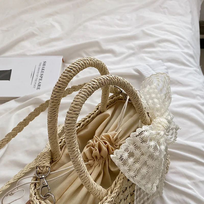 vzyzv -  Luxury Designer Women's Hand Woven Straw Bag Summer New Bohemian Beach Seaside Travel Handbag Lace Bow Drawstring Tote Picnic