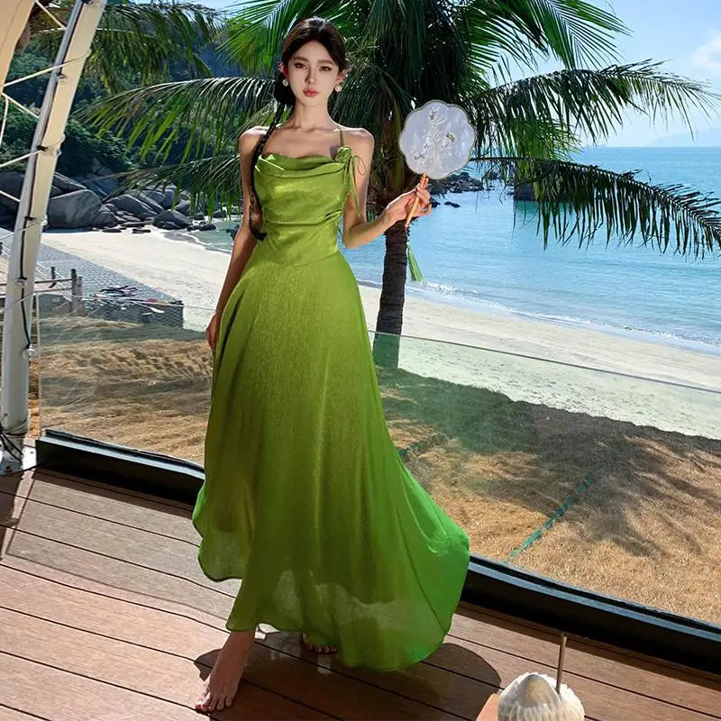 TAVIMART  -  Green Sleeveless Sexy Club Vacation Elegant Pleated Halter Bandage Long Dress 2024 New Fashion Evening Party Dress Women Summer