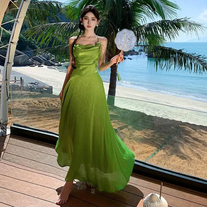 TAVIMART  -  Green Sleeveless Sexy Club Vacation Elegant Pleated Halter Bandage Long Dress 2024 New Fashion Evening Party Dress Women Summer