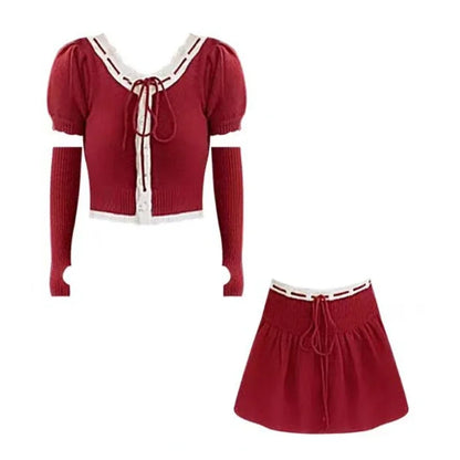 vzyzv  -  Autumn Winter New Christmas Red Skirt Suit Women Casual Slim Blouse + Y2k Mini Skirt Sweet Fashion 2 Piece Skirt Set Female