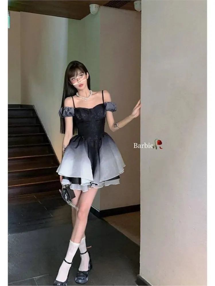 nvxiot   -  Summer Women Elegant Black Gradient A-line Tutu Party Dress Off Shoulder Patchwork Birthday Party Dress Backless Prom Dress