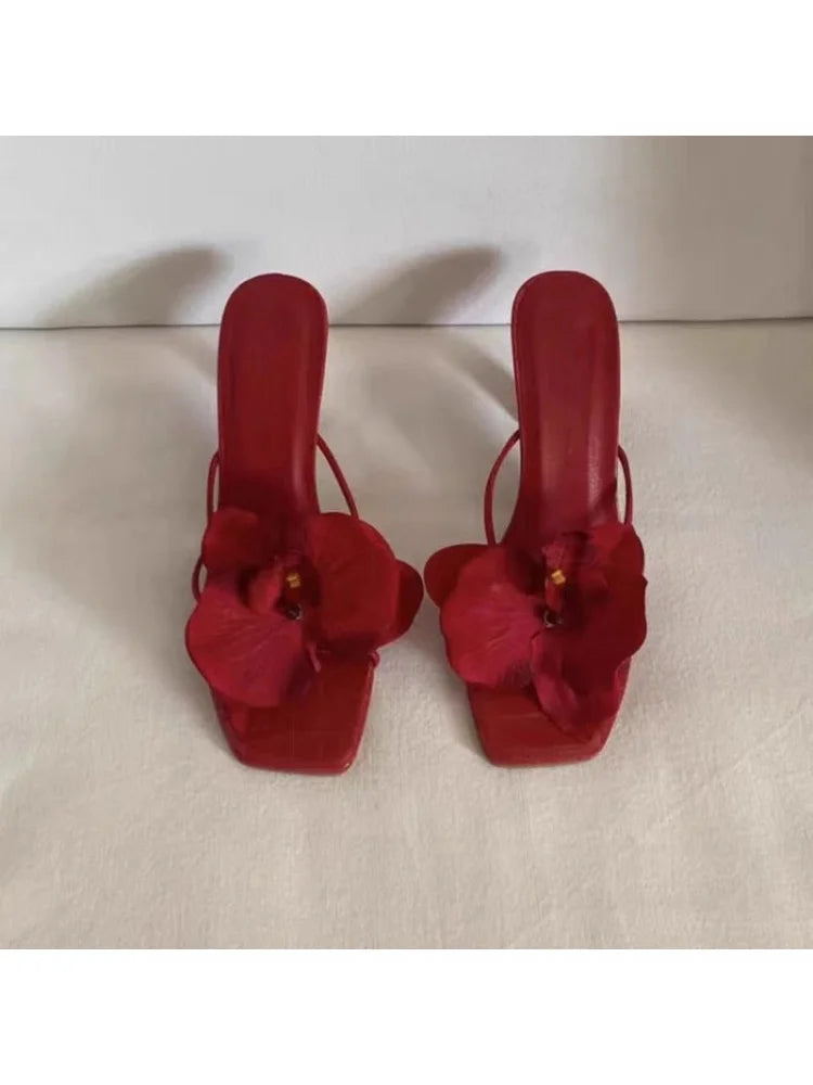 vzyzv -  Pink Red Green Orchid Flowers Decor Outside Women Hight Heels Slippers Summer 2024 Thin Heels Ladies Flipflops