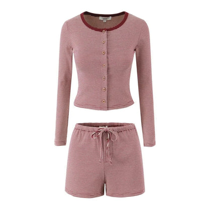 vzyzv  -  2 pieces 1 set American Retro Wine red with White Striped Buttons Cardigan + Lacing up Bow Drawstring Waist Mini Shorts