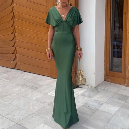 nvxiot  -  Elegant Satin High Waist Slim Evening Dress Fashion Lady V-neck Short Sleeve Mermaid Dress 2024 New Solid Bodycon Long Dresses