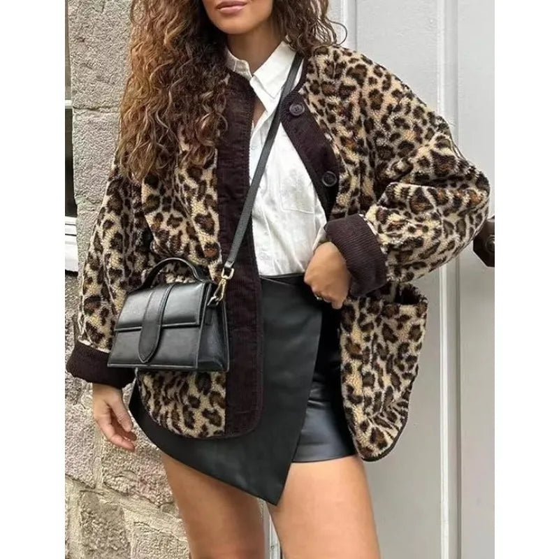 vzyzv  -  New Women's Leopard Fuzzy Fleece Jacket Long Sleeve Open Front Coats Lightweight Casual Outerwear with Pocket Thermal Top Jacket