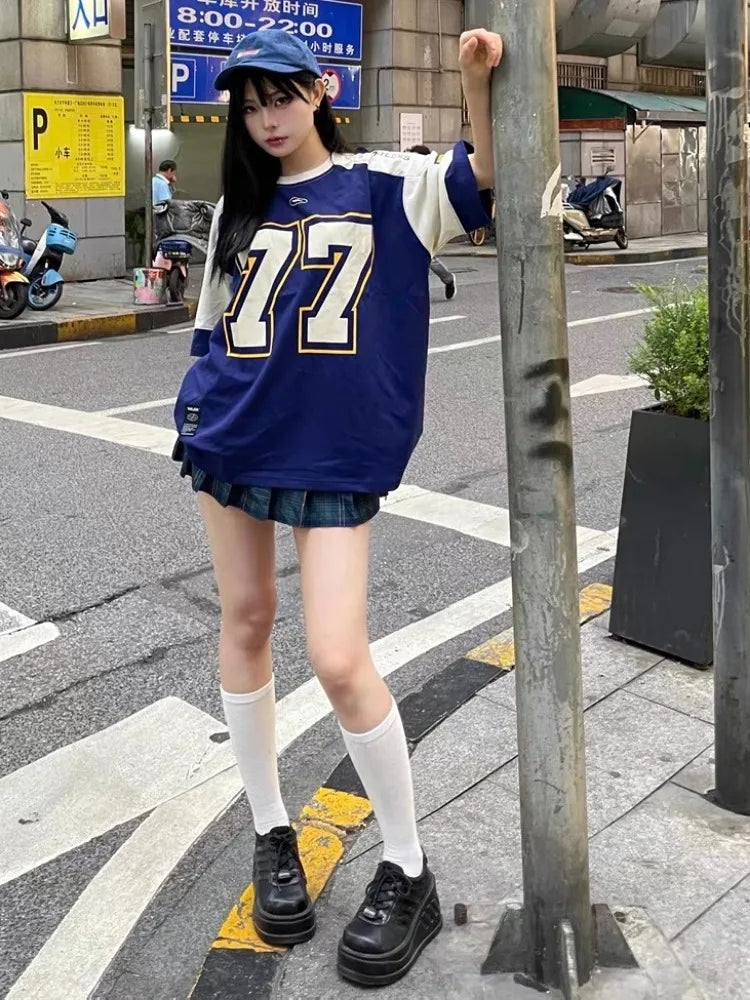 vzyzv  -  Blue Sports Oversized T Shirt Women Patchwork Raglan Short Sleeve Casual Tops American Football Summer Hip Hop Tshirts