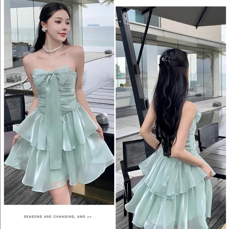 nvxiot  -   Summer French Style Bow Tie Green Dress Sexy Strapless Pleated Waist Slim A-line Cake Dress Princess Glossy Ruched Mini Dresses