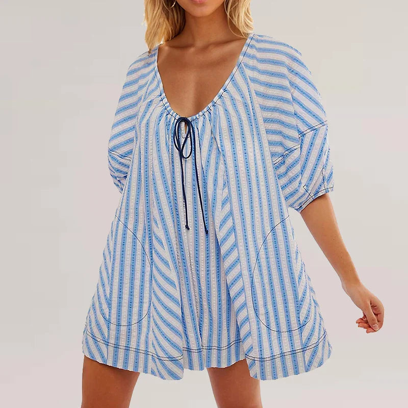 vzyzv -  New 2024 Summer Striped Print Loose Shorts Jumpsuit Ladies Sexy V Neck Lace Up Beach Playsuit Fashion Puff Sleeve Pocket Romper