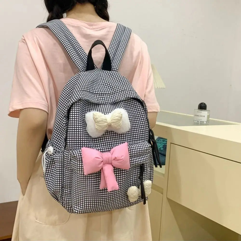 vzyzv  -  Large Capacity Cute Bowknot Backpack Solid Color Korean Style Nylon Student School Bag Lattice Lightweight