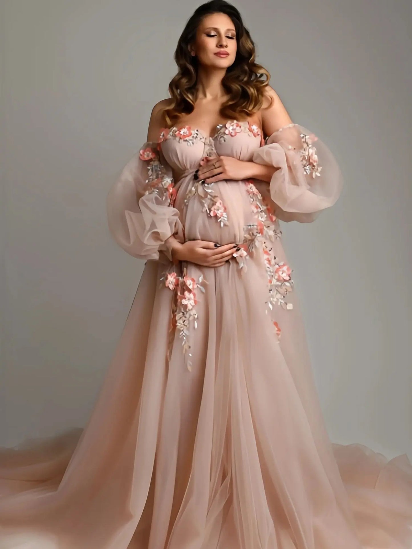 nvxiot  -   Maternity Dress for Women  Beading Detachable Sleeves Gala Dress Lace Appliques Tulle Pregnancy Babyshower Gowns