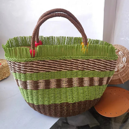 vzyzv -  Fashion Striped Tassel Straw Women Hanbbags Designer Paper Woven Basket Bag Handmade Summer Beach Tote Bags Bali Purses