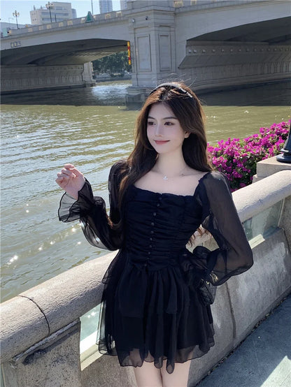 nvxiot  -  Casual Women Square Collar Front Ruched Chiffon Dress Female Mini Ruffles Retro Dress  y2k long sleeve dress vestidos24.5.27