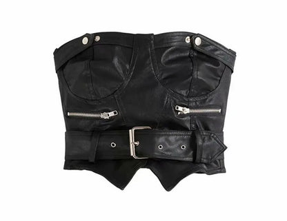 vzyzv  -  Y2K Summer  Sexy Corset Belt Black PU Leather Tank Top Strapless Backless Cropped Women Sashes Buckles Skinny Camis Short Top