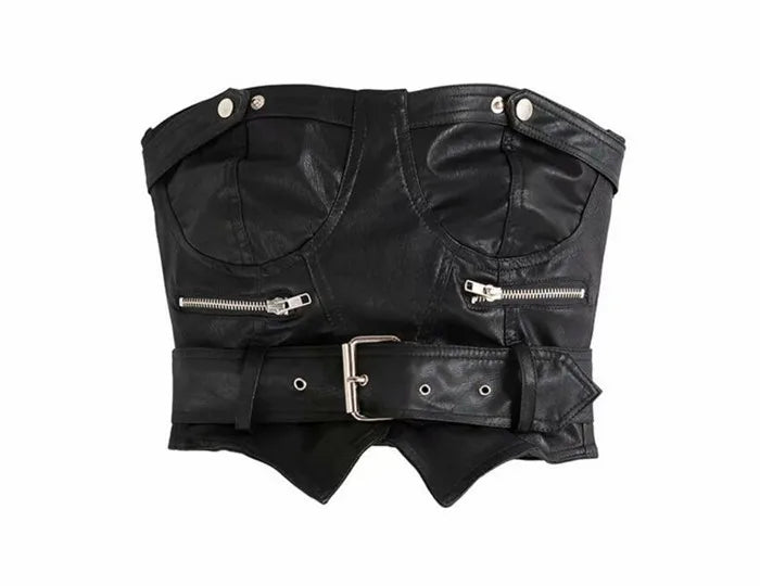 vzyzv -  Y2K Summer  Sexy Corset Belt Black PU Leather Tank Top Strapless Backless Cropped Women Sashes Buckles Skinny Camis Short Top