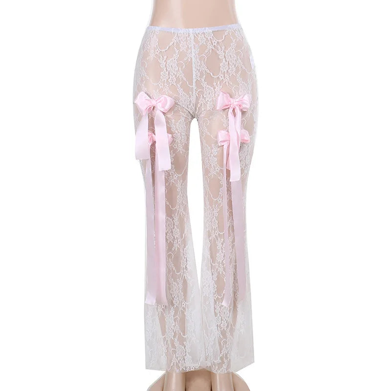 nvxiot  -  Bow Splice Sheer Lace Flare Pants Women Sexy See Through High Waist Slim Boot Cut Trousers Hot Girls Clubwear Party Bottoms