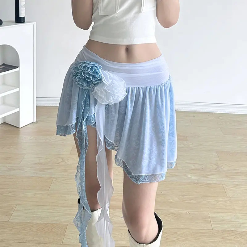 vzyzv  -  Skirt Rose Flower Double-Layer Streamer Mesh With Irregular Girly Style Cute Skirt  Summer New Pure Desire Fairy Skirt