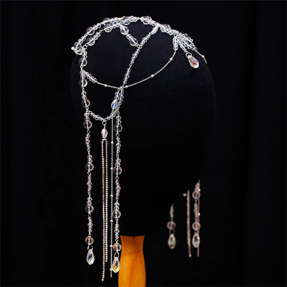 vzyzv  -  Korean Style Bride Crystal Tassel Fairy Hair Accessories Exquisite Handmade Beaded Eyebrow Center Pendant Chain Wedding Headwear