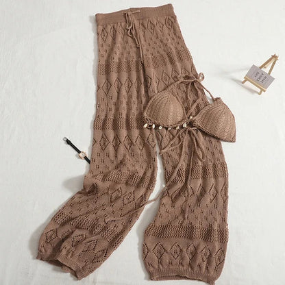 vzyzv -  Tassel 2 Piece Pants Sets for Women Boho Beach Wear Hollow Out Crochet Lace Crop Tops Casual Wide Leg Pants Suit Summer