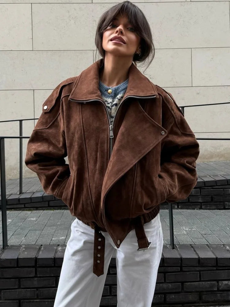 vzyzv  -  Fashion Brown Maillard Lapel Suede Leather Jackets For Women Casual Long Sleeve Zipper Pockets Coats Lady High Streetwear