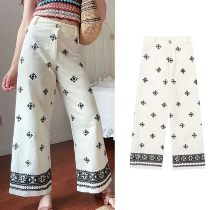 vzyzv  -  Vintage Ethnic Floral Embroidery Wide Leg Pants for Women Casual High Waist Linen Cotton Pant Summer Boho Beach Trousers