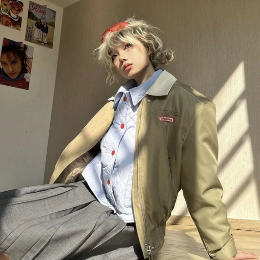 vzyzv  -  Short Khaki Retro Jacket Female Spring and Autumn New Korean Fashion Streetwear Winter Shoulder Pads Lapel Blouse Coat Women