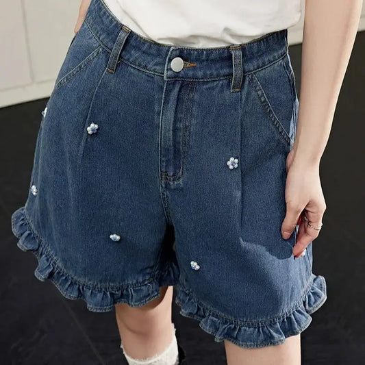 vzyzv  -  Denim Shorts Ruffles Stereoscopic Flower Women Basic Wide Leg Solid Summer Thin Loose Soft Vintage Shorts Korean