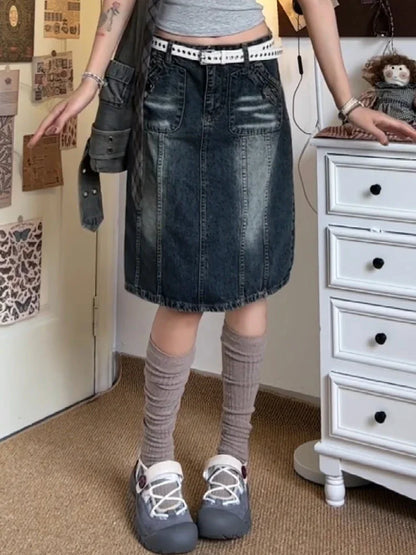 vzyzv -  Summer Women Korean Midi Denim Skirt Cyber Punk Gyaru Coquette 2000s Vintage Harajuku Gothic Japanese Fashion Y2k Streetwear New