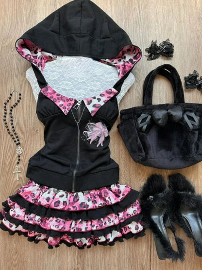 vzyzv  -  New Gothic Vintage Hot Girls 2 Piece Sets Women Sexy Bow Hooded Halter Tops + Y2k Mini Cake Skirt Harakuju Retro Outfits