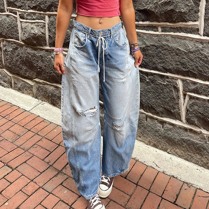 vzyzv  -  Fashion Ripped Barrel Jeans High Street Blue Low Waist Casual Oversized Denim Pants Boyfriend Style Women Outfits Y2K