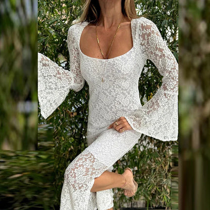 vzyzv  -  Lace Embroidered Slim Lady Long Dress Elegant Square Neck High Waist Split Party Dress Casual Flare Sleeve Hollow Wrap Hip Dress