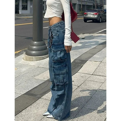 vzyzv  -  Blue Womens Jeans Y2K Vintage Design Sense High Waisted Straight Trouser American Streetwear Loose Clothing Wide Leg Denim Pants