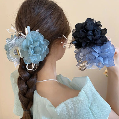 vzyzv  -  Cloth Flower Hair Claw Korean Ins Style Headwear Lace Large Rose Shark Clip Blue Black Cloth Rose Hair Clip Party