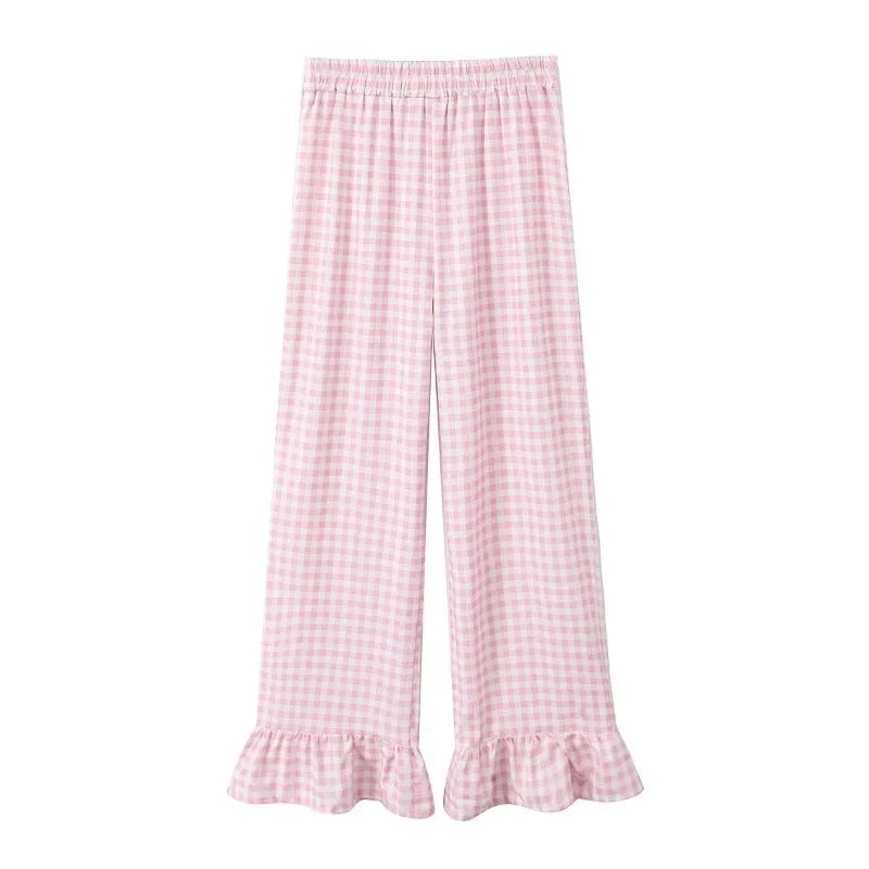 vzyzv  -  Korean Fashion Ruffles Pants Summer New Women Clothing Retro Sweet Plaid Printed Pants High Waist Micro-Raise Casual Trousers