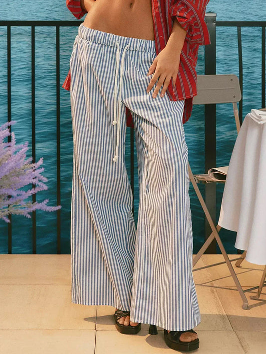 vzyzv -  Summer Striped Casual Pants Women 2024 New Rise Low Waist Chic Drawstring Trouser Simple Fashion Wide Leg Pant Female Bottom