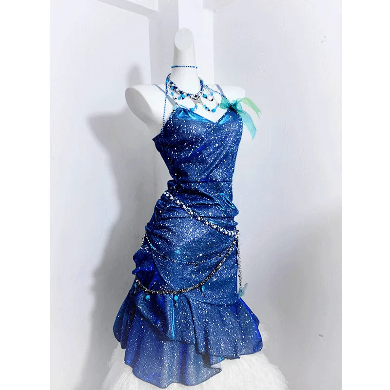 TAVIMART  -  Dress Blue Sea Glitter Suspender Princess Sexy Hip-Hugging Fishtail Dress Stunning Little Skirt For Women