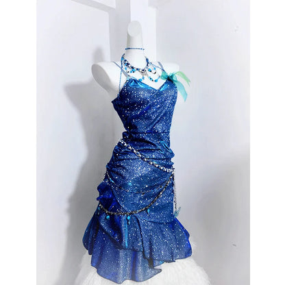 TAVIMART  -  Dress Blue Sea Glitter Suspender Princess Sexy Hip-Hugging Fishtail Dress Stunning Little Skirt For Women