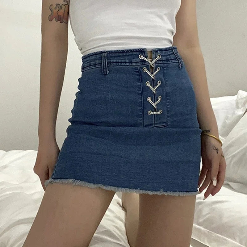 nvxiot  -  2024 Fashion Women's Sexy Chain Strap Lace-Up High Waist Bag Hip Stretch Bodycon Party Club Denim Mini Skirt Faldas Femininas