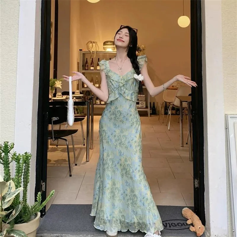 vzyzv -  Fashion Women Green Floral Print Ruffles Holiday Dress Summer Flying Sleeve Long Dress Seaside Beach A Line Fairy Photo Dress