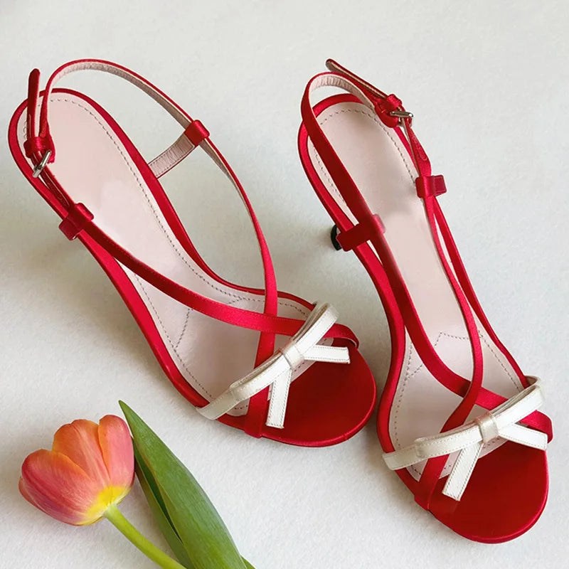 vzyzv -  Open-toed Red Stiletto Bow Buckle with Sandals Women's Summer 2024 New Sexy Sweet High Heels