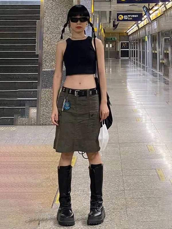 vzyzv -  Y2K Skirts  Aesthetics Basic Belted Low Waist Micro Women Pockets Denim Skirt Cute Bottoms Summer Fashion 90s Culb