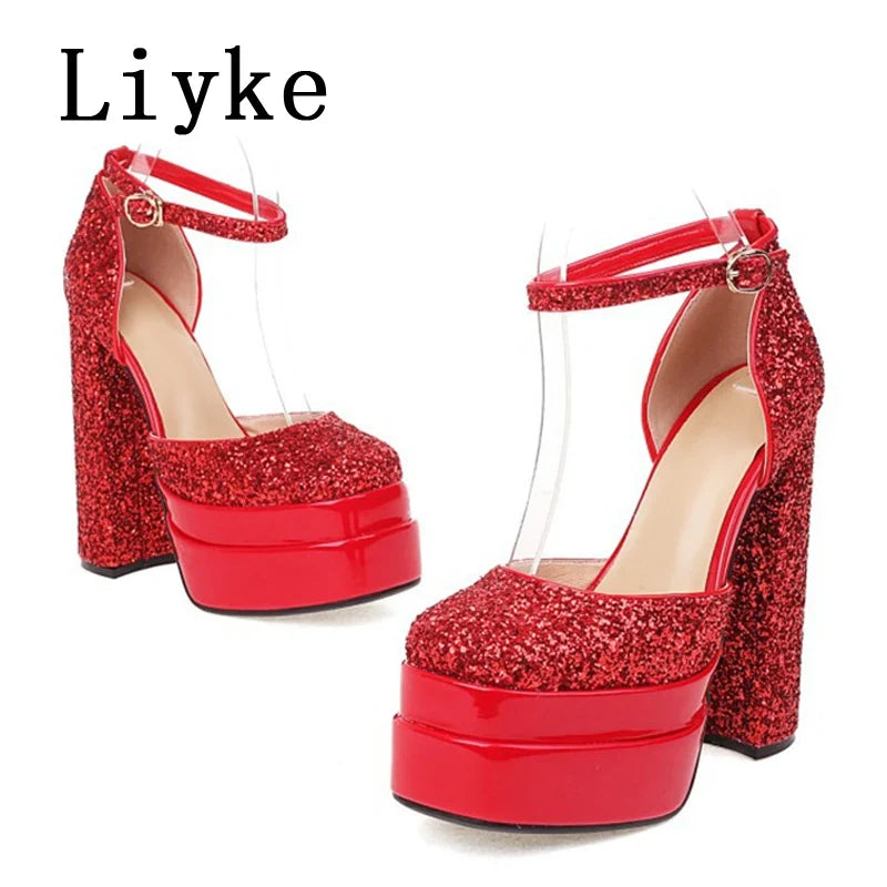 TAVIMART  -  New Fashion Glitter Sequined Cloth Women Pumps Platform Chunky High Heels Sexy Party Wedding Banquet Shoes Size